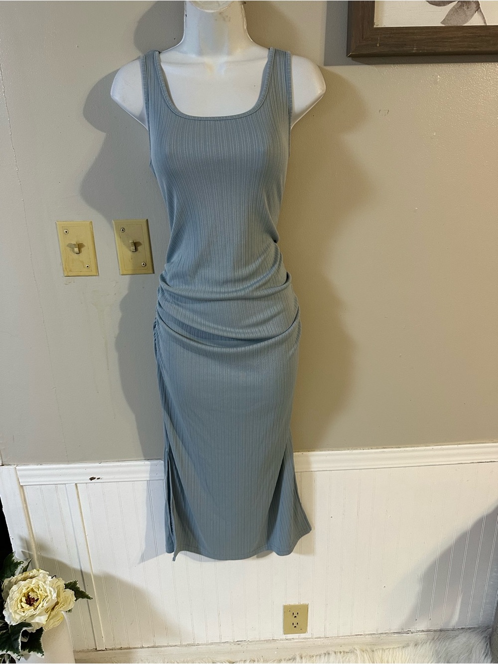 Sleek Ribbed Tank Midi Dress - Dusty Blue